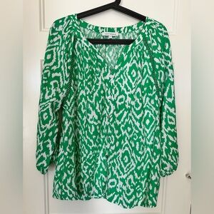 Emily Daniel’s Top Women’s Green White Linen Blend 3/4 Sleeve Button Blouse L